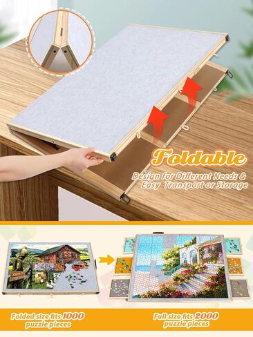 لوحة ألغاز قابلة للإمالة وقابلة للطي 2 في 1 من كالولاري، 2000 قطعة من طاولة ألغاز الصور المقطوعة الخشبية مع 6 أدراج وغطائين منظم ألغاز محمول لملحقات الألغاز للبالغين (31 بوصة × 39.4 بوصة) in Kuwait