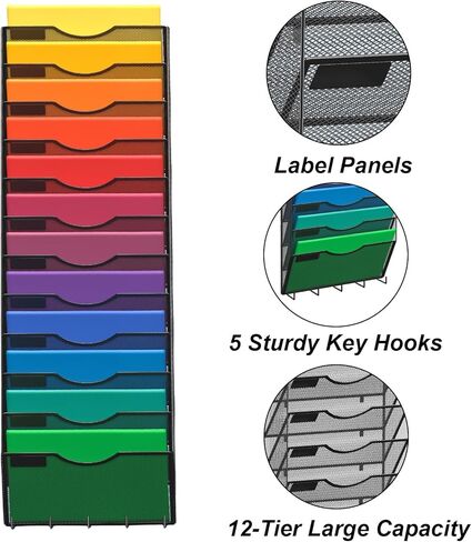 منظم ملفات جداري مكون من 12 طبقة، منظم بريد شبكي عمودي للحائط مع 5 خطاف للمفاتيح للمكتب والمنزل والمدرسة، أسود in Kuwait