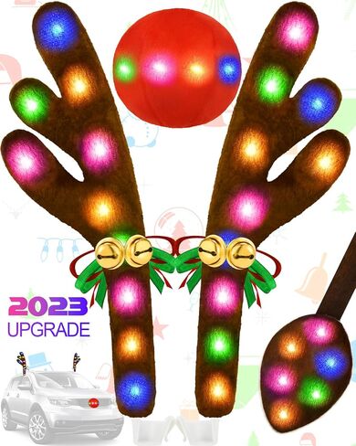 Christmas Reindeer Antlers Car Decoration Kit IP44 Waterproof LED Multicolor, 50LED Double-Side Lights with Jingle Bells Rudolph, Auto Holiday Accessories Best for SUV Van Truck in Saudi Arabia