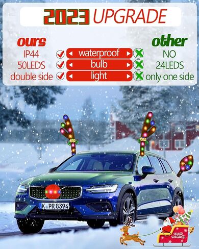 Christmas Reindeer Antlers Car Decoration Kit IP44 Waterproof LED Multicolor, 50LED Double-Side Lights with Jingle Bells Rudolph, Auto Holiday Accessories Best for SUV Van Truck in Saudi Arabia