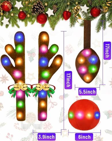 Christmas Reindeer Antlers Car Decoration Kit IP44 Waterproof LED Multicolor, 50LED Double-Side Lights with Jingle Bells Rudolph, Auto Holiday Accessories Best for SUV Van Truck in Saudi Arabia