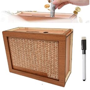 Erasable Cash Vault Wooden Savings Box, alcancias de Dinero para adultos, Wooden Coin Bank, Money Saving Jar for Savings Goal, Money Saving Box with Countdown and Money Targets (Light Brown, 10000)