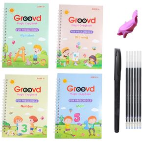 Children's Magic Copybooks - Reusable Grooved Writing Books for Kids - Handwriting Practice Workbooks, Calligraphy Learning Kit & Tracing Tools Set, 4 Books with Pen & Ink Refills (Ages 3-8)