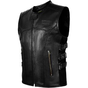 DALLX Motorcycle Armor Style Leather Vest for Men with Triple Straps Side Adjustable