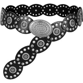 WHIPPY Women Disc Concho Leather Belt Western Wide Hollow Belt Vintage Boho Oval Waist Belt for Music Festival Dress Jeans