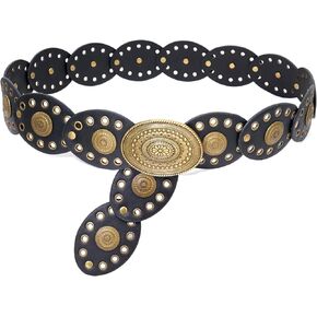 Wide Disc Belt for Women Oval Leather Concho Belt Western Waist Belts for Dress
