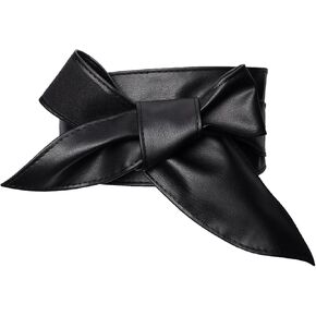Women Black Obi Leather Belt Bow Tie Belt Waist Belts Self Tie Wrap Wide Waistband Knotted Belt for Woman Dresses Costumes Accessories