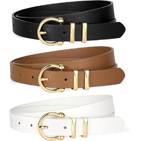 KASBAH 3 Pack Women's Leather Belts For Jeans Dresses Ladies Belt For Pants With Gold Buckle Casual Work Wear Belt