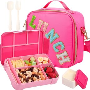 Lunch Box Kids with Insulated Lunch Bag, 45 oz Bento Box for Boys Girls,Large Nylon Preppy Lunch Bag with Adjustable Shoulder Strap Reusable Bento Box for School Picnic (Pink,Rose Red)