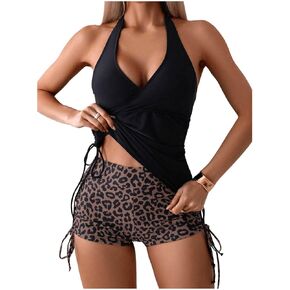 SOLY HUX Tankini Swimsuits for Women Leopard Print Drawstring Halter Tops and Shorts Bathing Suit Two Piece Swimsuit