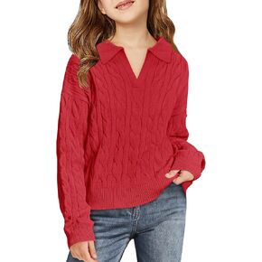 Girls Sweaters Kids Fashion Cable Knit Collared V Neck Pullover Sweater Tops 5-14 Years in Saudi Arabia