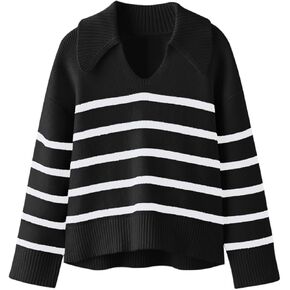 Haloumoning Girls Sweater Kids Polo V Neck Striped Knit Pullover Cute Winter Clothes 7-14 Years