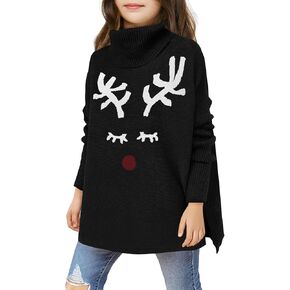 Haloumoning Girls Christmas Sweater Kids Oversized Turtleneck Cute Reindeer Sweaters with Side Slit