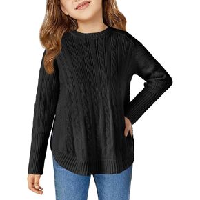 Haloumoning Girls Oversized Sweater Kids Fashion Batwing Sleeve Cable Knit Sweaters with Side Slit 5-14 Years