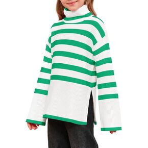 Meikulo Girls Striped Sweaters Kids Oversized Turtleneck Long Sleeve Pullover Knit Sweater Tops with Side Slit