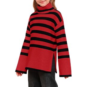 Meikulo سترات مخططة للفتيات للأطفال بياقة مدورة كبيرة الحجم وأكمام طويلة بلوفر منسوج مع فتحة جانبية in Kuwait