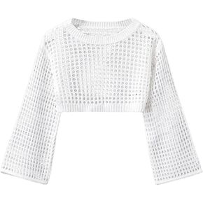 OYOANGLE Girl's Hollow Out Pullover Sweaters Crew Neck Long Sleeve Knitted Crop Tops