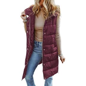 EVALESS Womens Long Puffer Vest Quilted Hooded Sleeveless Zip Up Down Jacket Winter Warm Lightweight Gilet Coat Outerwear