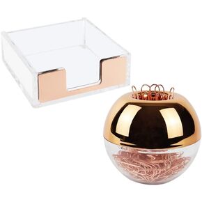 Rose Gold Magnetic Paper Clip Holder 3x3 Sticky Note Holder Set, Clear Acrylic Post a Note Dispenser and Paperclip Holder include 100 paper clips for Desktop Accessories Organizers (Rose Gold)