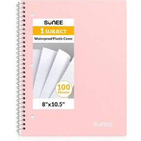 SUNEE Spiral Notebook, 1-Subject, College Ruled Paper, 8" x 10-1/2", 100 Sheets per Notebook, 3-Hole Punched Paper, Water Resistant Cover, Double-sided Pockets, Spiral Lined Notebooks for Work, Black