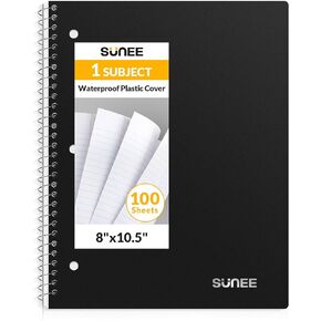 SUNEE Spiral Notebook, 1-Subject, College Ruled Paper, 8" x 10-1/2", 100 Sheets per Notebook, 3-Hole Punched Paper, Water Resistant Cover, Double-sided Pockets, Spiral Lined Notebooks for Work, Black