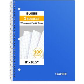 SUNEE Spiral Notebook, 1-Subject, Graph Ruled Paper, 8" x 10-1/2", 100 Sheets per Notebook, 3-Hole Punched Paper, Water Resistant Cover, Spiral Grid Notebooks for Work, Home, School, Writing, Black
