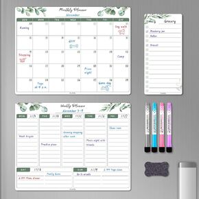 Magnetic Dry Erase Refrigerator Calendar, Dry Erase Calendar White Board Set for Fridge - Magnetic Monthly & Weekly Planner with List Board, 4 Markers + Eraser