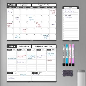 Magnetic Dry Erase Refrigerator Calendar, Dry Erase Calendar White Board Set for Fridge - Magnetic Monthly & Weekly Planner with List Board, 4 Markers + Eraser