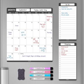 Magnetic Dry Erase Refrigerator Calendar, Vertical Monthly Calendar Whiteboard for Fridge, Includes Fridge Calendar & 2 List White Boards, 4 Markers + Eraser
