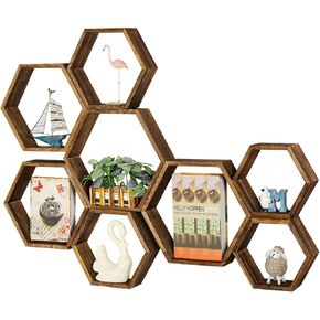 YBING Hexagon Floating Shelves Wall Mounted Set of 8 Wooden Hexagonal Shelves for Wall Storage Honeycomb Shelves for Bedroom Living Room Office Wall Decor, White in Kuwait