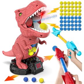 Dinosaur Shooting Toy for Boys Girls, Movable Target Shooting Games with 2 Air Pump Launcher, 48 Foam Balls, LED Score Record, Spray Effect & Sound