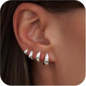 Small Silver Chunky Hoop Earrings Set for Women, Sterling Silver Huggie Earrings for Women Trendy, Hypoallergenic Cartilage Silver Hoop Earrings Set for Mulpitle Piercing Stack Jewelry
