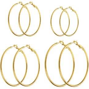 Gold Hoop Earrings for Women - 14K Gold Plated Hypoallergenic Stainless Steel Gold Earrings Set, Lightweight Large Small Gold Hoops Jewelry, 4 Pairs