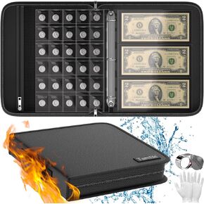 Fireproof Coin Collection Book Holder with Handle, [Upgraded Fireproof Zipper], 300 Coins Pockets and 36 Sleeves Money Collection Album, Collector Binder Organizer for Coin Currency Collection