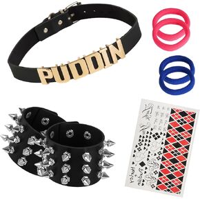 6 PCS Harley Puddin Choker Halloween Leather Necklace Set Metal Adjustable Rivets Spike Bracelet Punk Style Joker Quinn Jewelry Costume Tattoos Stickers Cosplay Accessories for Women