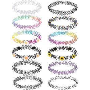 BodyJ4You 12PC Tattoo Choker Necklace for Women - 90s Choker Necklaces Fashion Trend - Emo Black Choker Rainbow Pink White Purple Neon Green Blue Daisy Flower