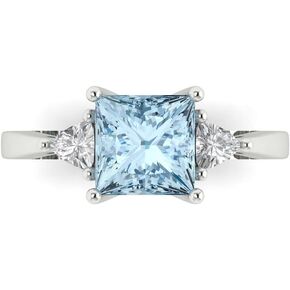 2.32 ct Brilliant Princess Cut Natural Aquamarine 18K White Gold 3 Stone Anniversary Wedding Designer Engagement Ring
