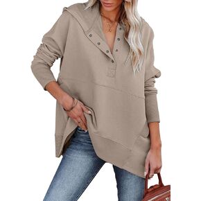 onlypuff Womens Oversized Hoodies and Sweatshirt V Neck Button up Loose Fit Henley Shirt 2022 Fall Fashion