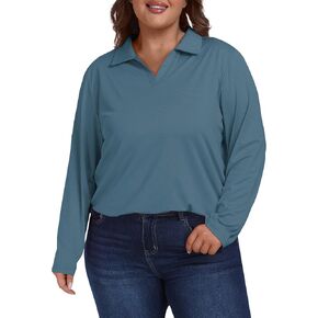 MoFiz Women's Plus Size Golf Long Sleeve Polo Shirts V Neck Workout Casual Loose Fit Tops XL-5XL in Kuwait