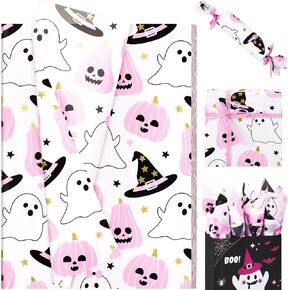 100 Sheets Pink Ghost Pumpkin Tissue Paper, 20 x 14in Pink Ghost Pumpkin Witch Hat Print Wrapping Tissue Cute Ghost Art Decorative Tissue for Happy Boo Day Girls Baby Shower Birthday Party Supplies