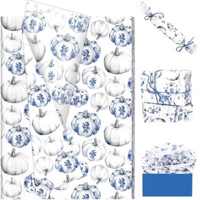 100 Sheets Blue Tile Pumpkin Tissue Paper, 20'' x 14'' Blue and White Pumpkins Chinoiserie Chic Pumpkins Wrapping Paper for Fall Thanksgiving Farmhouse Gifts Supplies