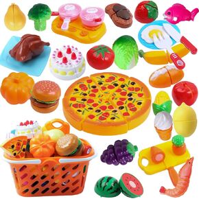 66Pcs Play Food Cutting Set, Pretend Play Food Set for Kids Kitchen, Cutting Fruits and Vegetable Toys, Early Development Education Toys, Christmas and Birthday Gifts for Girls and Boys