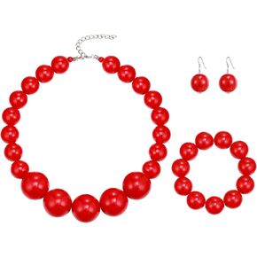 EVER FAITH Chunky Large Beads Strand Necklace for Prom, Resin Beaded Boho Bib Statement Choker Necklace Hook Dangle Earrings Stretch Bracelet 1920s Costume Jewelry for Women