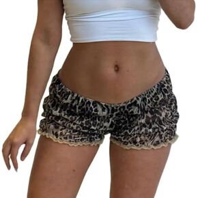 POHADON Women Leopard Bloomer Shorts Layered Ruffle Lace Trim Micro Y2k Pajama Shorts Cheetah Print Boxer Lounge Bottoms