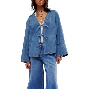 LifeShe Jean Jacket Women Tie Front Top Loose Wide Sleeve Denim Shacket Lightweight V Neck Coat 2024
