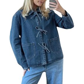 COZYPOIN Women's Tie Front Denim Jacket Oversized Mid Long Jean Biker Coat Trucker Jacket
