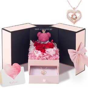 Preserved Real Red Rose Gift, Forever Flowers with Rose Necklace for Mom Grandma Wife Girlfriend, Eternal Rose Box Birthday Gifts for Women