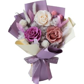 L'amour de ma vie Preserved Hand Made Flower Bouquet Long Lasting Flowers Arrangement, 3 Years Lasting, Gift for Women Girlfriend on Valentine's Day New Year Birthday Anniversary (Pink with vase)