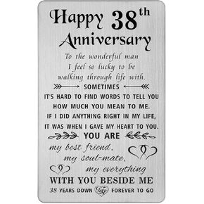TANWIH 38th Anniversary Card for Husband - 38 Years Down Forever to Go - 38 Year Wedding Anniversary Card Gifts for Him Men, Engraved Metal Wallet Card