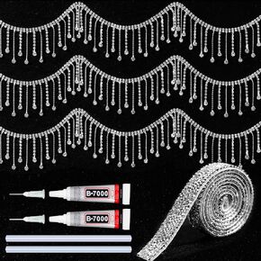 NiArt Rhinestone Fringe Trim with Glue & Adhesive, Silver Diamond Rhinestone Fringe Belt Rhinestone Ribbon Tassel Chain for Jeans Clothing Wedding DIY Decoration, 2 Yds Tassel & 1 Yd Rhinestone Tape